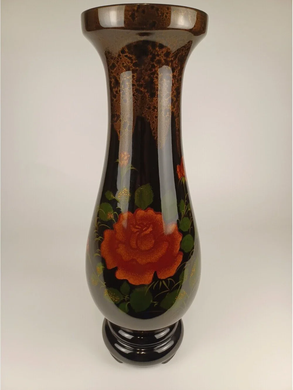 Vintage Vietnamese Black Lacquer Wood Vase Hand Painted Orange Roses Floral 16.5